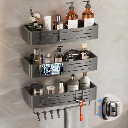 Miniatura 8 de Voldra Organizador de Ducha de Ventosa, 1 Paquete de Estantes de Ducha para Ducha Interior Sin Taladro, Organizador de Ducha de Sujeción de Aluminio