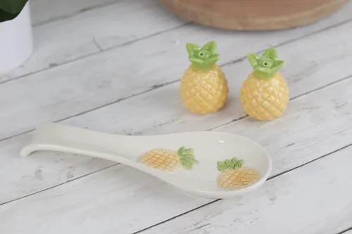 Miniatura 3 de Juego de estufa de cerámica con salero y pimentero y soporte para cucharas, piña Cactus