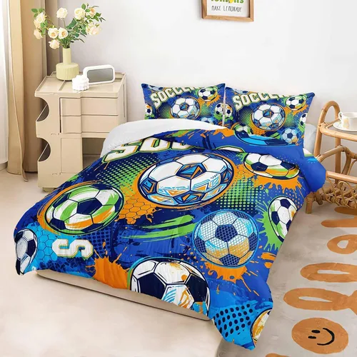 Miniatura 2 de AILONEN Football Themed Children's Double Three piece Bedding Set, Boys' Sports Printed Duvet Cover, Blue Orange Sports Blanket, 2 Pillowcases