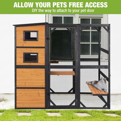 Miniatura 5 de Casa grande para gatos Catio Kitty House con 4 niveles para gatos al aire libre, techo impermeable, recintos para gatos, 77 pulgadas (marrón)