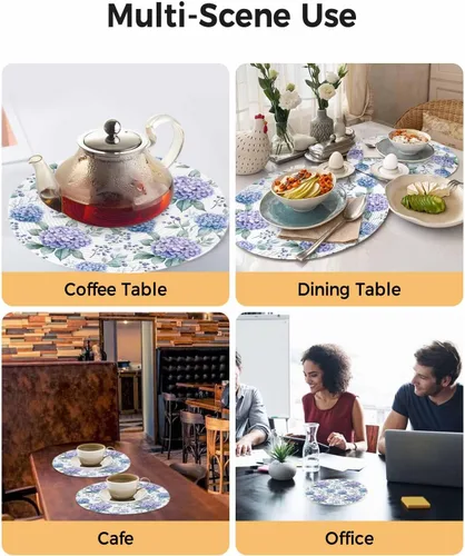 Miniatura 2 de Juego de 2 manteles individuales para mesa de comedor, flores de hortensias moradas, hojas de acuarela, 15 pulgadas, decorativos, redondos