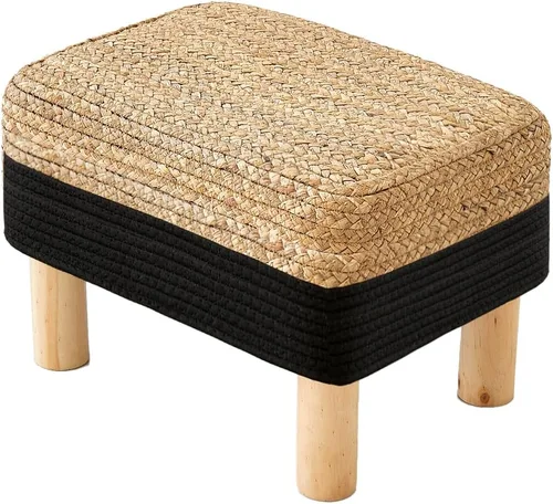 Miniatura 14 de Taburete redondo otomano natural de algas marinas, taburete de pie con 4 patas de madera, taburete redondo tejido a mano, taburete de sofá, taburete