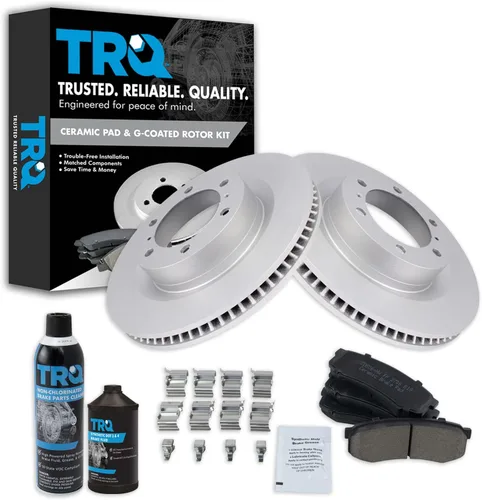 TRQ Kit de pastillas de freno trasero y rotor, kit químico de freno, pastillas de freno, rotor de freno cerámico premium con revestimiento G