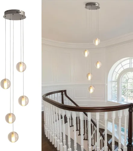 Miniatura 17 de Lámpara de escalera de 25 luces para techo alto, lámpara colgante de gota de lluvia de cristal moderno ajustable, luz colgante larga y grande