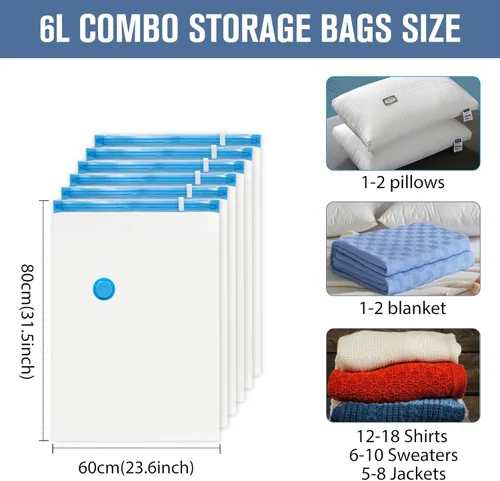 Miniatura 2 de BoxLegend Bolsas de almacenamiento al vacío con bomba de mano, 6 bolsas grandes de 23.6''x31.5'' de sellado al vacío engrosadas para ropa, abrigos