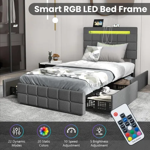 Miniatura 5 de KOMFOTT Base de cama individual con estación de carga y luces LED, base de cama de plataforma tapizada con cabecera ajustable y 4 cajones