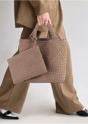 Miniatura 7 de LMKIDS Bolso de mano tejido + bolso de neopreno para mujer, bolso grande de viaje con asa superior, bolsa de viaje para axilas