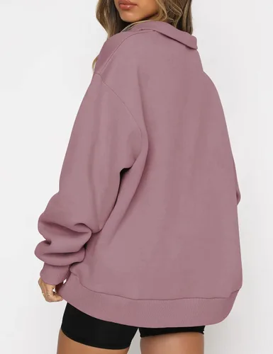 Miniatura 3 de EFAN Sudadera de gran tamaño con media cremallera para mujer, sudadera de manga larga con cremallera de un cuarto, sudadera moderna con capucha