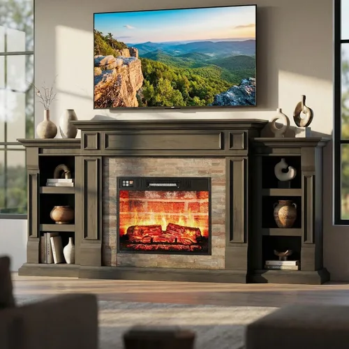 Miniatura 3 de LGHM - Soporte de TV con chimenea de 72 pulgadas para televisores de hasta 80 pulgadas, chimenea eléctrica con repisa, centro de entretenimiento