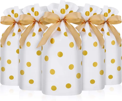 Frienda - Paquete de 30 bolsas de regalo de Navidad con cordón, bolsas de plástico con estampado de lunares dorados para galletas y dulces, bolsillo