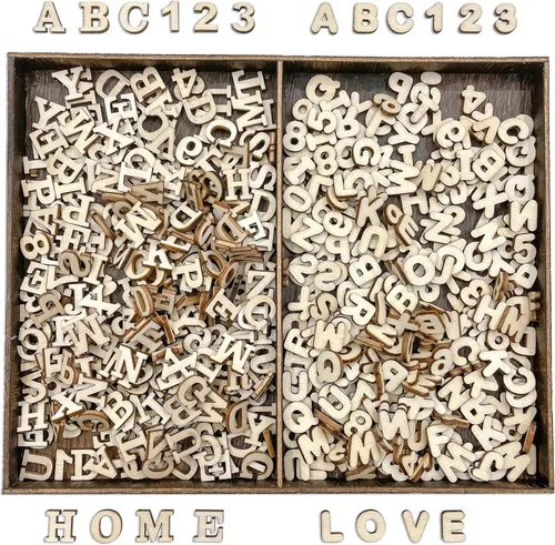 Cregugua 592 letras del alfabeto de madera de 1/2 pulgada y números de madera sin terminar con bandeja de almacenamiento rústica para álbumes de