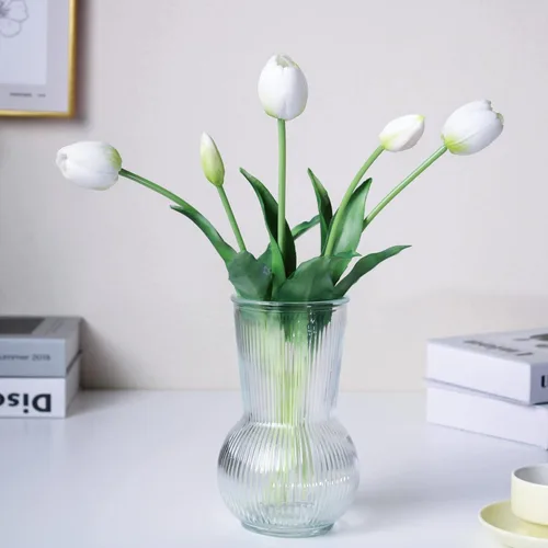 Tulipanes falsos de tacto real premium de 16 pulgadas, flores artificiales con brotes, tallo flexible fácil de moldear, tulipanes sintéticos (jarrón