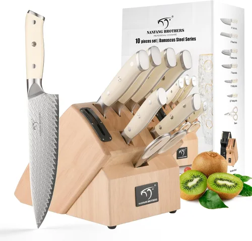 Miniatura 7 de NANFANG BROTHERS Juego de cuchillos de Damasco, 10 piezas para cocina con bloque, juego de cuchillos de cocina con bloque, mango ergonómico ABS