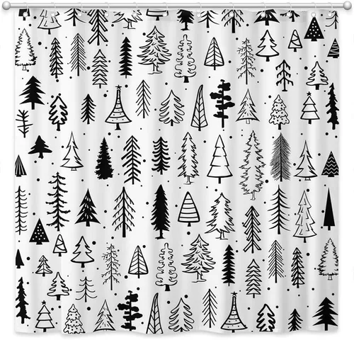 Cortina de ducha para árbol de Navidad, color blanco y negro, juego de cortinas de baño, pino de Navidad, tela de poliéster, decoración de bañera