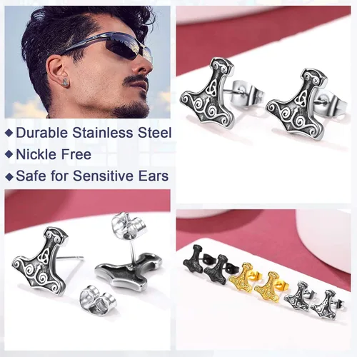 Miniatura 9 de FaithHeart Norse Vikingo Jewelry - Aretes de tuerca de plata de ley de acero inoxidable, lobo celtamartillo de Thors para mujeres y hombres, Acero