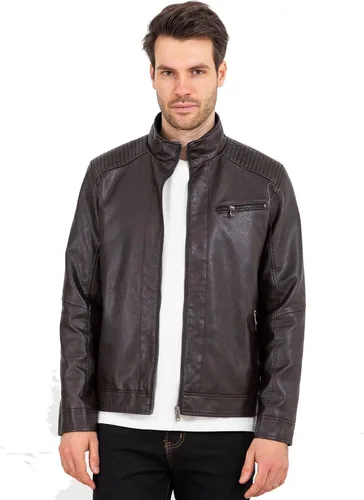 Miniatura 3 de VICALLED Chaqueta de cuero para hombre, ajuste delgado, cuello alto, chaqueta de motocicleta de poliuretano, ligera