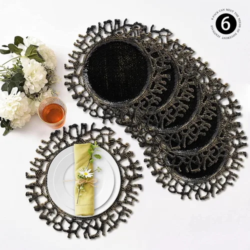 Miniatura 4 de MAONAME Juego de 6 platos base negros de 13", platos base redondos para platos de cena, platos base de plástico, platos base para mesa de boda