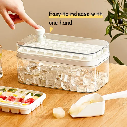 Miniatura 4 de Bandeja para cubitos de hielo con tapa y contenedor, paquete de 2 bandejas de cubitos de hielo para congelador, molde para cubitos de hielo de 64