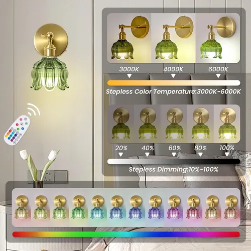 Miniatura 4 de Vintage Battery Operated Wall Sconces - 5000mAh Rechargeable Dimmable Wireless Lights with Remote Control - Set of 2 Green Flower Glass Powered