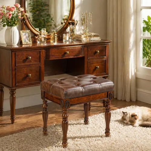 Miniatura 3 de Taburete de tocador de madera maciza con tapizado, banco de piano de mediados de siglo con patas talladas, taburetes de maquillaje con asiento