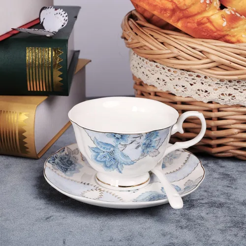 Miniatura 4 de fanquare Juego de té de porcelana con flores azules, juego de taza de té y platillo para 6, juego de té de boda con jarra de crema, juego de café