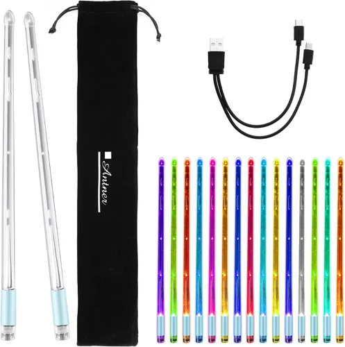 Miniatura 8 de Antner Baquetas recargables con luz LED que cambian de color en 15 colores, brillan en la oscuridad, baquetas geniales con bolsa de almacenamiento