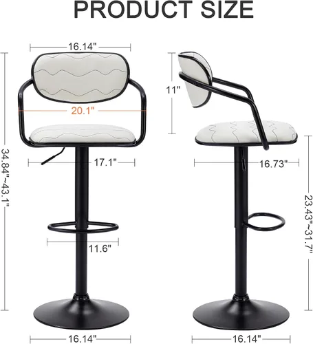 Miniatura 7 de VECELO Juego de 2 taburetes de bar, taburetes de bar ajustables con respaldo y brazo, sillas de bar giratorias/taburetes de isla de cocina de piel