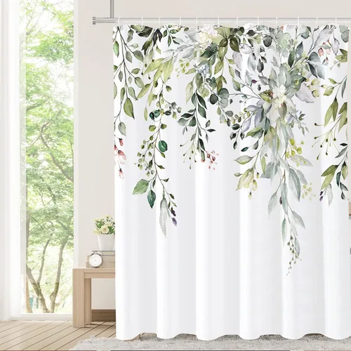 Miniatura 31 de Tititex Spun Sugar - Juego de cortinas de ducha de eucalipto azul claro, hojas de acuarela brillantes en la parte superior, decoración floral