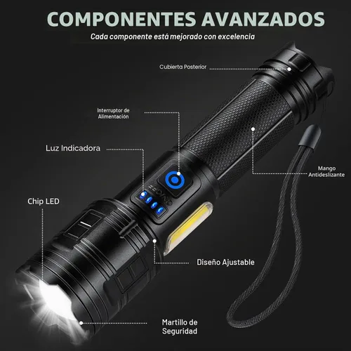 Miniatura 9 de Linterna recargable de 99,000 lúmenes altos, 7 modos de luz LED con COB, potente linterna de mano para el hogar, campamento (paquete de 2)