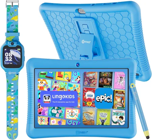 Contixo Paquete de tableta y reloj inteligente para niños de 10 pulgadas, Epic & Lingokids, tableta Android de aprendizaje para niños, 32 GB, reloj