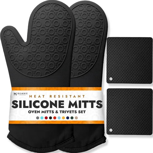 HOMWE Guantes de horno de silicona y soportes para ollas, juego de 4 piezas, guantes de cocina resistentes, tapetes salvamanteles seguros para Negro