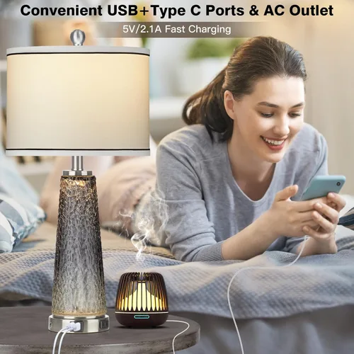 Miniatura 2 de Juego de 2 lámparas de mesa costeras de 26 pulgadas, modernas lámparas de mesa con puertos USB A+C y salida de CA, lámpara de mesita de noche