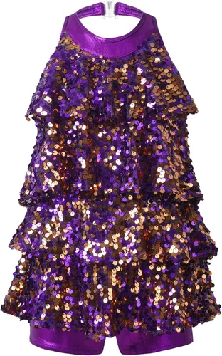 Freebily Vestido de ballet con lentejuelas brillantes para niñas y niñas, cuello halter, falda de leotardo corto de jazz, hip hop, disfraz de danza