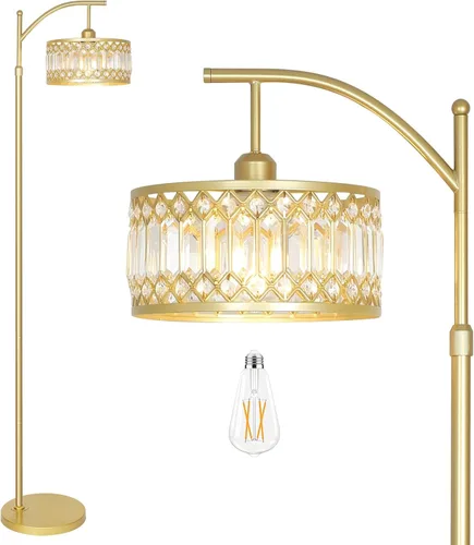 Miniatura 9 de Crystal Floor Lamps for Living Room, Modern Arc Floor Lamp, Black Standing Lamp with Edison Bulb, Height Adjustable Tall Lamp for Bedroom, Corner