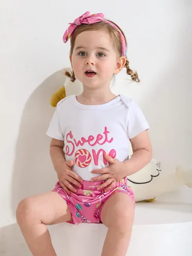 Miniatura 6 de ESHOO Conjunto de mameluco para bebé niña con estampado de caramelo, pantalones acampanados, diadema