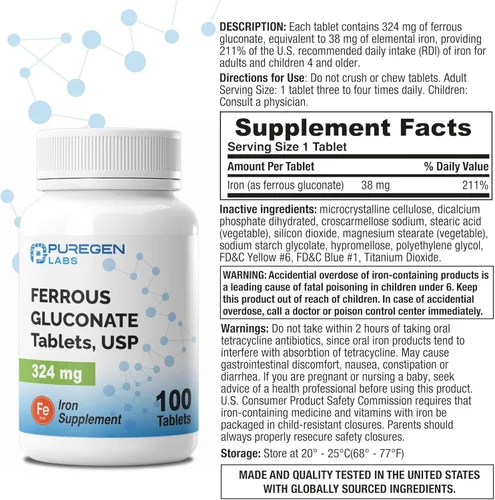 Miniatura 2 de Puregen Labs Gluconato Ferroso 324 mg [Alta Potencia] Suplemento de Hierro, Suave para el Estómago 3 Paquetes - 300 Tabletas Total