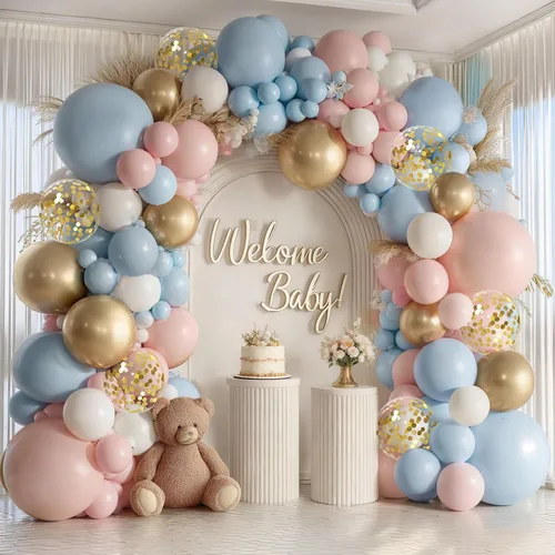 Miniatura 9 de Kit de arco de globos azul marino, dorado y blanco, 129 piezas de doble relleno, azul real, cromado, oro, perla, arena, blanco, confeti, guirnalda