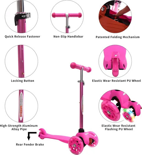 Miniatura 4 de ChromeWheels Mini Scooter para Niños Pequeños, Scooters Deluxe de 3 Ruedas para Niños, 4 Alturas Ajustables con Scooters de Patada, Rosa