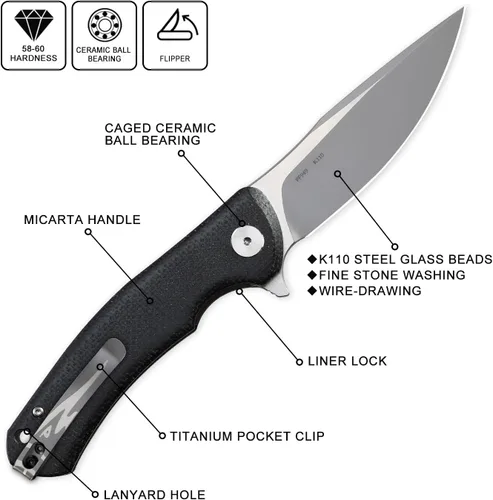 Miniatura 2 de Petrified fish Cuchillo plegable de acero K110 949 Fibra de carbono G10 Mango de cerámica Rodamientos de bolas Camping Caza Cuchillos EDC Negro