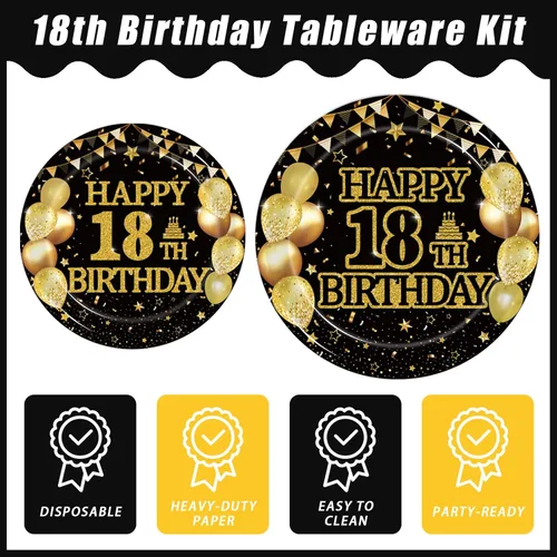 Miniatura 3 de Kepeel Juego de 96 piezas de vajilla para fiesta de cumpleaños número 18, decoraciones de fiesta de cumpleaños negro dorado Es Hora de Ser Adulto