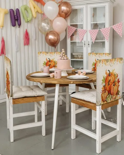 Miniatura 3 de Juego de 8 fundas para silla de comedor con diseño de calabazas naranjas y hojas de arce, fundas extraíbles para silla de cocina de Acción