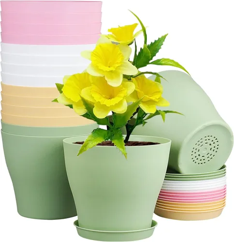 Miniatura 15 de Meowell Macetas de plástico de 6 pulgadas, paquete de 16 macetas para plantas de interior y exterior, macetas con agujeros de drenaje y platillos