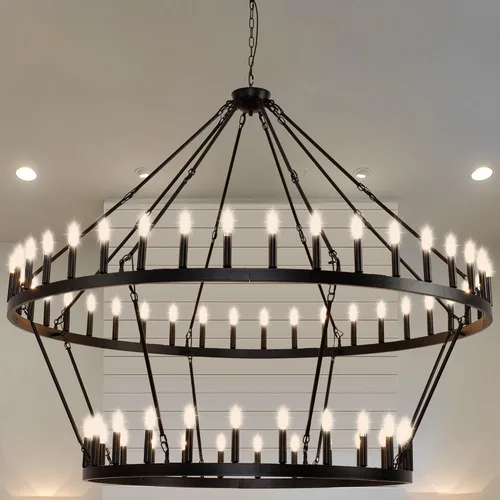 Miniatura 9 de Candelabro grande de 60 pulgadas de rueda de vagón negro, lámpara colgante redonda de 54 luces de 2 niveles estilo industrial de granja para porche