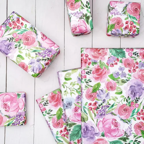 Miniatura 3 de Whaline 100 piezas de papel de seda floral acuarela flor regalo papel de embalaje de flores papel de embalaje de flores DIY papel de manualidades