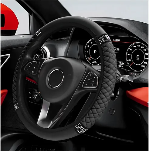 Miniatura 12 de Funda para volante de coche brillante, protector de volante de 15 pulgadas con diamantes de imitación de cuero suave, fundas de volante auto