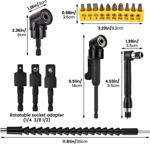Miniatura 3 de 17 extensiones de broca flexible, con 3 adaptadores de enchufe giratorios, 2 accesorios de taladro hexagonal de 105° en ángulo recto, 10 puntas