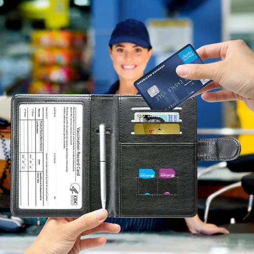 Miniatura 6 de MCmolis Combo de tarjetero para pasaporte y vacunas, funda de cuero con bloqueo RFID, protector organizador de documentos de viaje con ranura