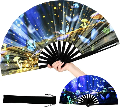 INNOLIFE Ventilador de mano plegable grande de 13 pulgadas para raves, ventilador de rave con brillo UV, ventilador de mano para mujeres y hombres,