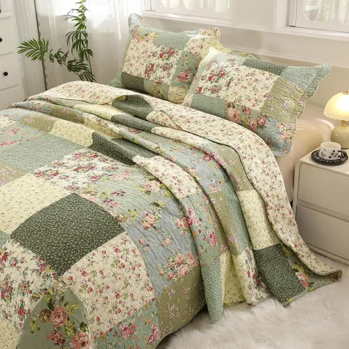Miniatura 4 de vctops Juego de colcha acolchada de algodón con retazos bohemios, tamaño Twin, 2 piezas, suave, reversible, ligero, juego de cubrecama con estampado