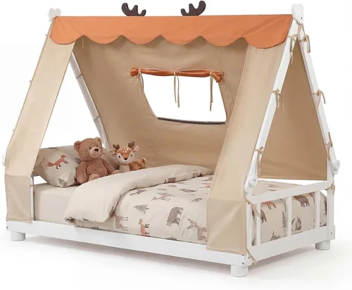 Miniatura 10 de Costzon Base de cama individual de madera, plataforma estable para niños, con techo y listones de alta resistencia, no necesita somier, bricolaje